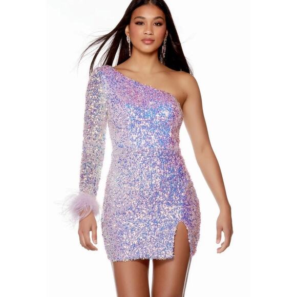 ALYCE PARIS One Shoulder Purple Sequin Dress with Feathers, Size 10 - Picture 4 of 15